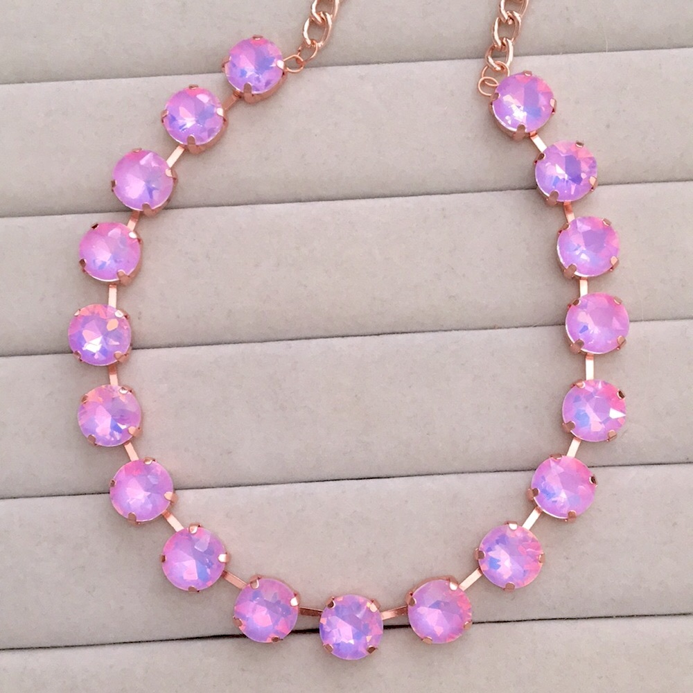 Pink-Purple Opal Aurora Borealis + Rose Gold Crystal Tennis Necklace